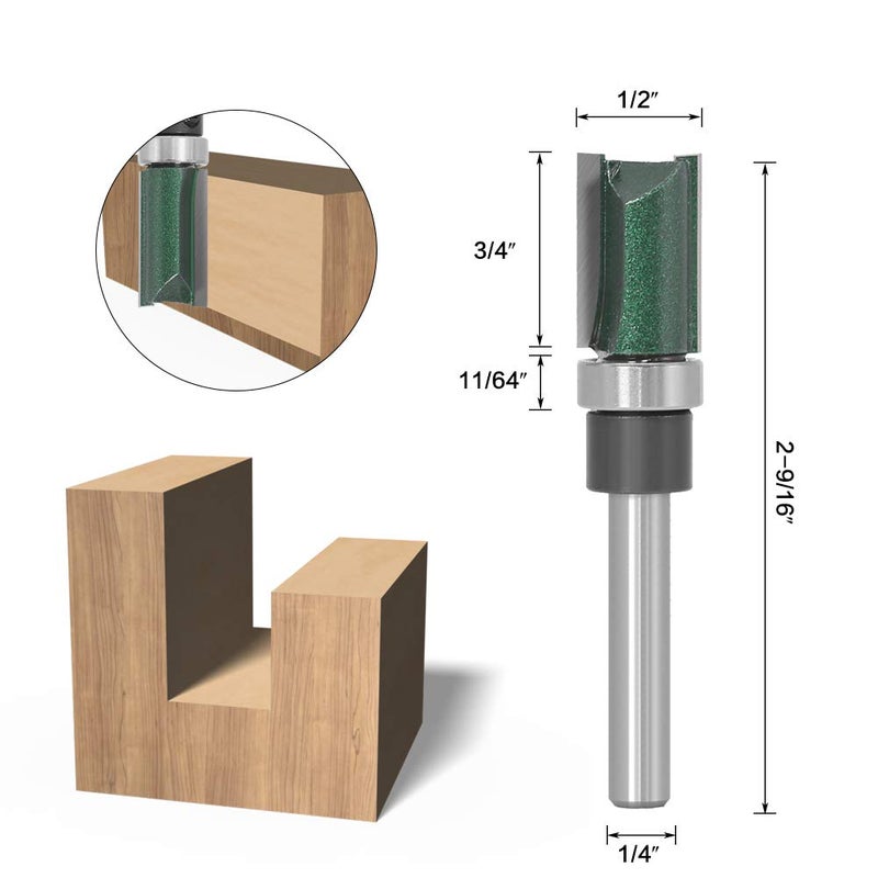 Wolfride 4PCS Straight Router Bit with Bearing, 1/4-Inch Shank Top Bearing Flush Trim Template Router Bit - Image 3
